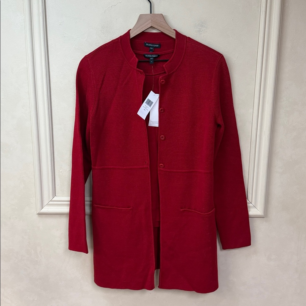 New! Eileen Fisher Silk Blend Stand Up Collar Red Sweater Set